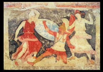 Twee Amazonen in gevecht met een Griek, uit Tarquinia, 370-360 v.Chr.